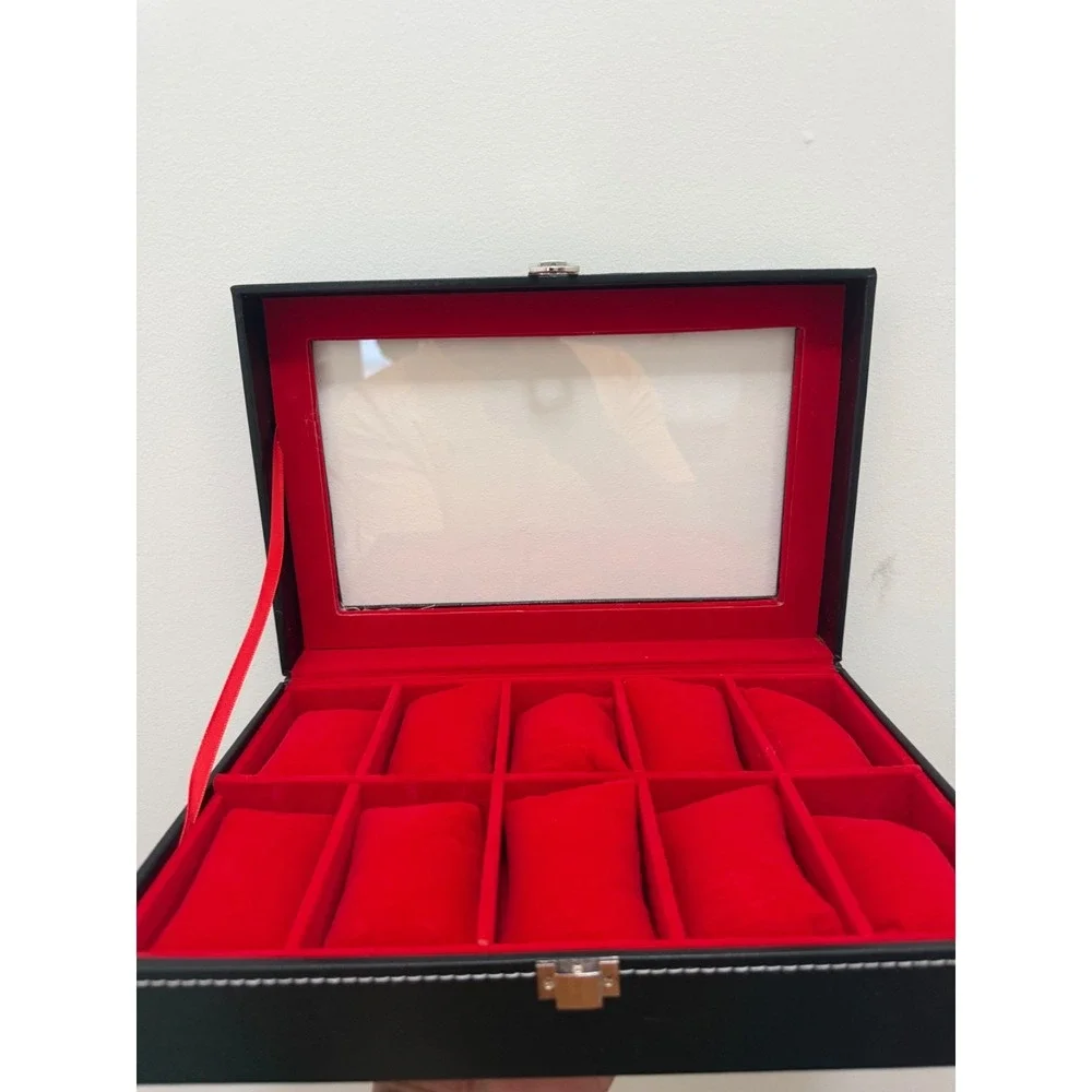 Watch Box, 12-Slot Watch Case Organizer with Large Glass Lid, Removable Pillows